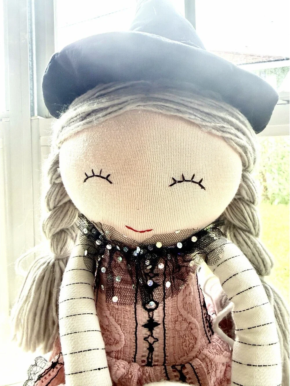Pink Halloween Shelf Sitter Plush Witch Doll Holding Ghost 18” By Magical Season